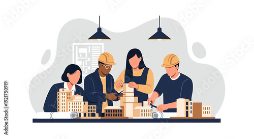 Diverse team of architects collaborating on building models.