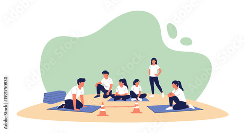 Group of diverse people participating in an outdoor yoga class session.