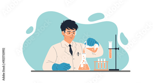 Scientist working in laboratory with beakers and test tubes.