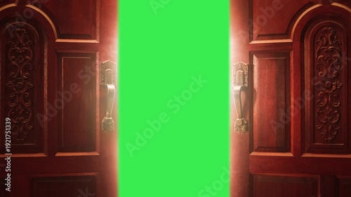Ornate wooden double doors opening to reveal a bright green screen for compositing, concept of opportunity animation