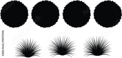 Round bush and ornamental grass silhouette set, decorative garden shrub and spiky plants collection, flat vector illustration