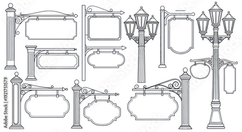 Vintage Signposts and Street Lamps Collection - Hand-Drawn Vector Elements