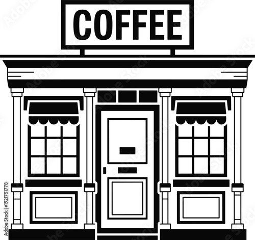 Black and white of a coffee shop facade with a sign and windows building 1