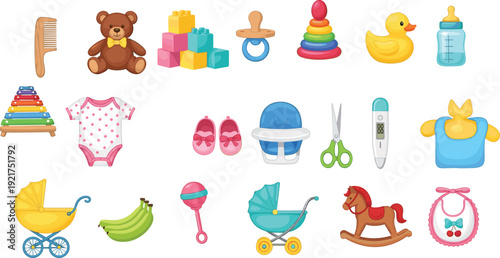 Comprehensive Collection of Newborn Baby Essentials Featuring Nursery Toys Clothing Feeding Accessories and Childcare Equipment Vector Illustrations Isolated on White Background