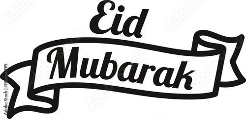 Eid Mubarak text on a black ribbon banner 