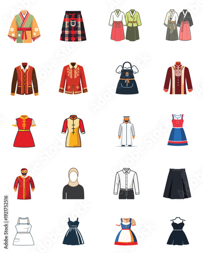 Traditional Clothing and Cultural Costume Icon Set with Hanbok, Kimono Style Robes, Dirndl Dress, Arab Thobe, Folk Outfits, Aprons and Ethnic Garments Vector Collection.