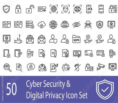 50 Cyber Security and Digital Privacy Line Icons Set Featuring Encryption, VPN, Firewall, GDPR, Data Protection, Authentication, SSL, Secure Access and Network Safety Vector.