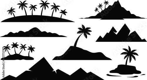 Black and white of various tropical islands with palm trees and mountains 1