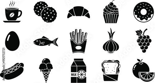 Food Silhouette Icons Set with Fast Food Fruits Desserts and Beverage Elements Vector Illustration