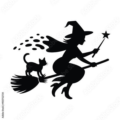 A silhouetted witch flies on a broom with a black cat and sparkling star
