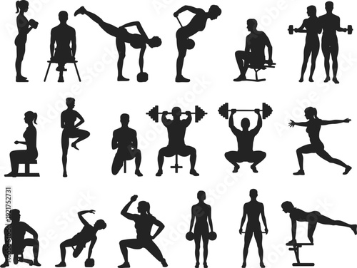 Gym workout silhouette collection with men and women strength training exercises isolated on white background, flat vector illustration