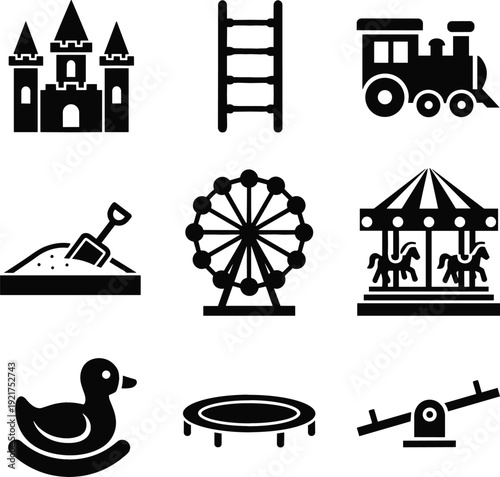 Amusement Park Silhouette Icon Set Featuring Castle, Roller Coaster, Ferris Wheel, Carousel, Train, and Playground Equipment for Theme Park Designs