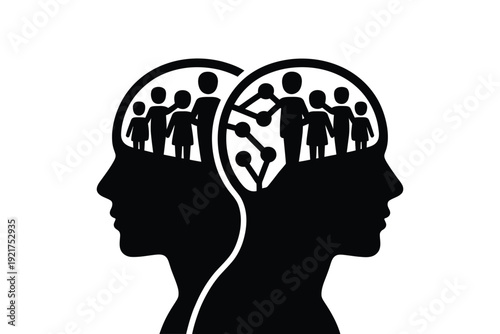 Two human heads in profile containing diverse figures and neural connections