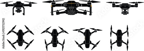 Drone quadcopter set front and top view silhouettes, professional aerial camera UAV isolated black vector illustration collection