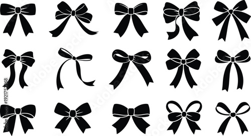 Collection of black and white bow tie in various styles and orientations ribbon knot