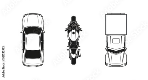 Top view of car motorcycle and truck isolated on white background.