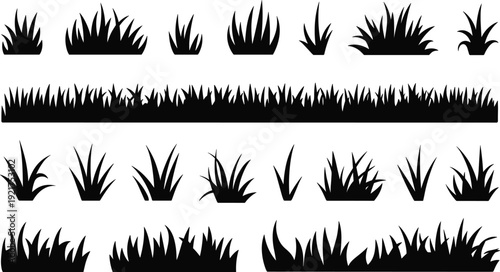 Collection of black silhouettes of grass and plant clumps in various shapes and sizes on a white background