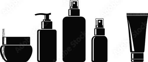 Cosmetic bottles and skincare containers set, black silhouette packaging collection with pump and spray, beauty product vector illustration isolated on white