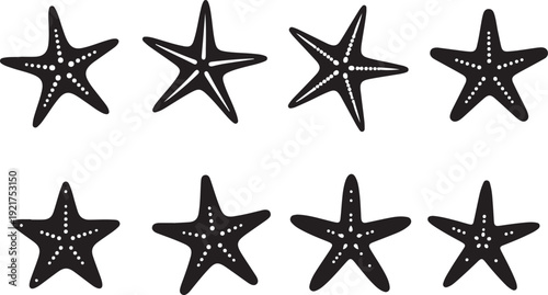 Set of eight black starfish silhouettes on a transparent background for ocean designs