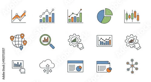 Collection of business and finance data analysis icons.