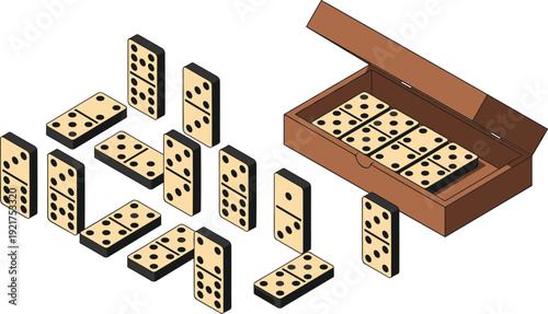 Domino tiles set with wooden box vector illustration board game pieces isolated on white background for entertainment and leisure design