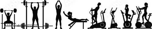 Gym workout silhouette set with barbell lifting, bench exercises and cardio machines isolated on white background illustration