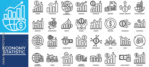Economy Statistic icon set collection. Containing statistics, increase, info, loss, profit, progress, improvement .Line vector icons collection