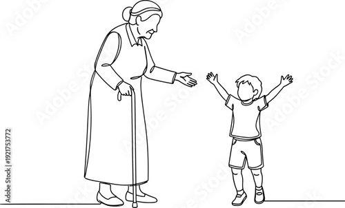 Elderly woman with walking stick greeting happy child line art illustration for family care support intergenerational bonding and social connection concept