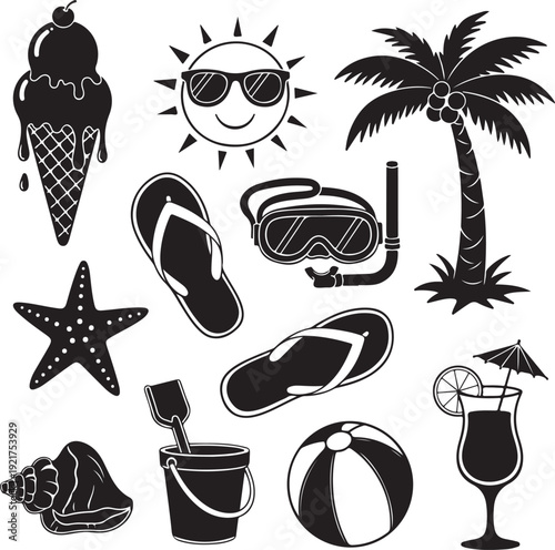 Summer vacation elements collection with beach accessories and tropical symbols isolated on transparent background