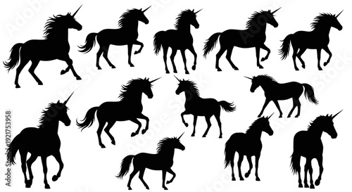 Set of Unicorn Silhouettes, Mythical Horse Icons, Fantasy Creature Vector Graphics