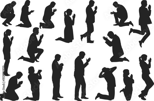 Silhouettes of people in various prayer and worship poses against a white background kneeling