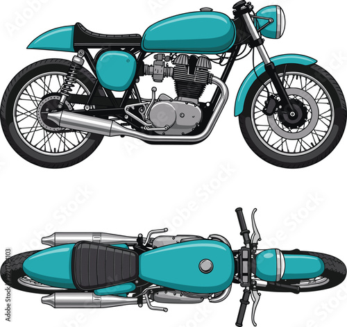 Teal vintage cafe racer motorcycle illustration showing side profile and top down view for automotive branding transport design and classic biker culture marketing, cad drawing