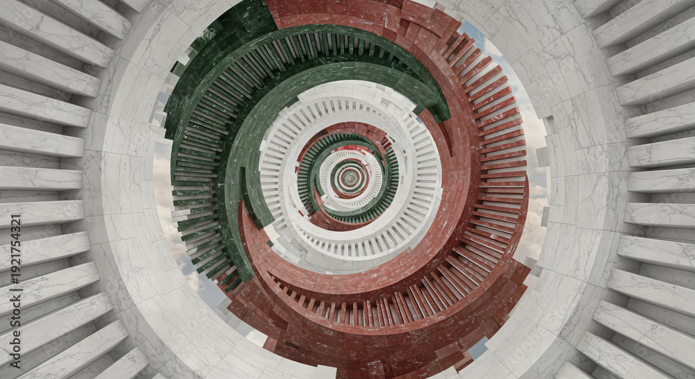 Fototapeta premium Spiral staircase architecture abstract circular pattern modern interior design geometric structure symmetry perspective contemporary building background