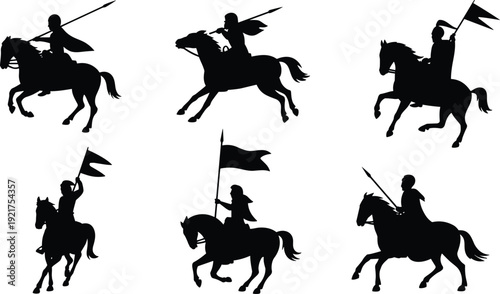 Six black silhouettes of knights on horseback holding flags and spears horses