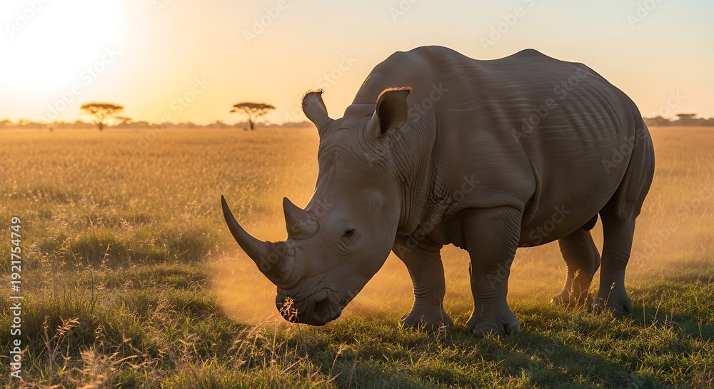 Fototapeta premium A rhinoceros grazing in a vast savannah at sunrise with acacia trees in the distance