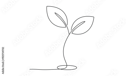 Simple minimalist continuous line art of a young plant with two leaves growing from the soil naturally