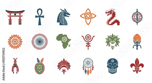 Collection of diverse cultural symbols and emblems.