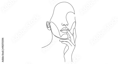 An abstract continuous line art portrait of a human face with a finger gently touching the lips.