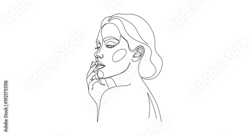 An elegant line art depiction of a woman's profile, softly touching her jawline or neck.