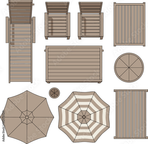 Wooden outdoor furniture top view set, beach lounge chairs table and umbrellas vector illustration, patio garden deck equipment collection isolated on white background