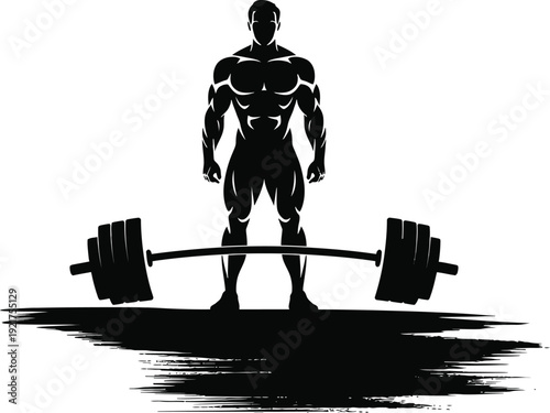 Silhouette of a muscular man preparing to lift a heavy barbell for exercise