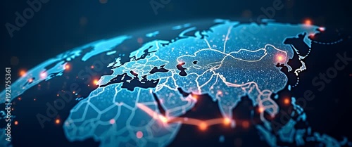 Cinematic global network visualization with glowing digital connections, steady camera pan over a 3D-rendered Earth, ambient bokeh lights flicker, showcasing technology and innovation.