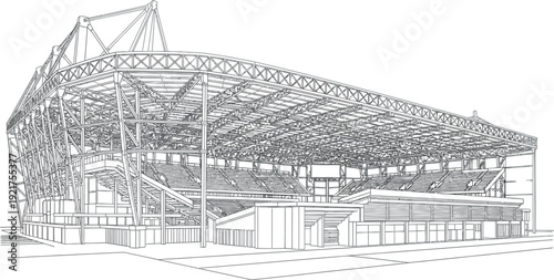 Detailed black and white line art illustration showcasing the complex structural engineering and steel framework of a modern stadium grandstand under a large covered roof system