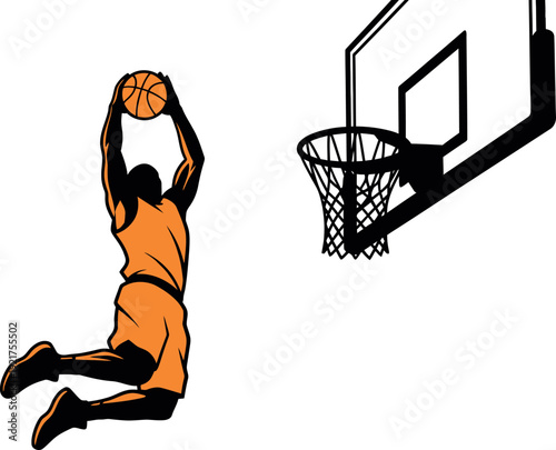 Dynamic illustration captures an athletic basketball player powerfully leaping high into the bright blue sky preparing to execute an impressive slam dunk directly above the net