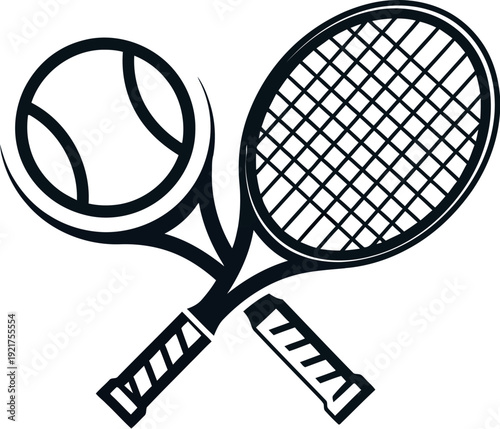 Black and white minimalist line art icon featuring two crossed tennis rackets symbolizing the popular racquet sport alongside a perfectly round tennis ball graphic element.