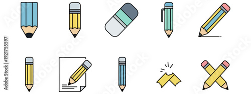 Illustrative Set of School and Office Stationery Icons Featuring Pencils and Erasers