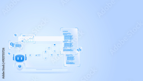 AI workflow automation artificial intelligence. ai agent workflow diagram dashboard machine learning with processing flow, code streams, data analytic and automation system.