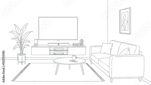 Outline drawing of a comfortable modern living room setup featuring a large television soundbar console sofa area rug and houseplant perfect for interior design concepts.