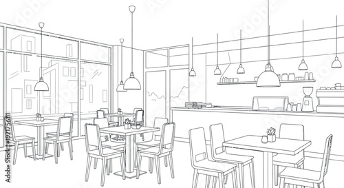 Outline drawing of a modern cafe interior featuring various seating arrangements tables chairs and a prominent service counter area with coffee equipment visible through large windows.