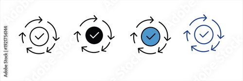 Circular Verified Process Icon with Checkmark and Arrows for System Updates. Vector Illustration.